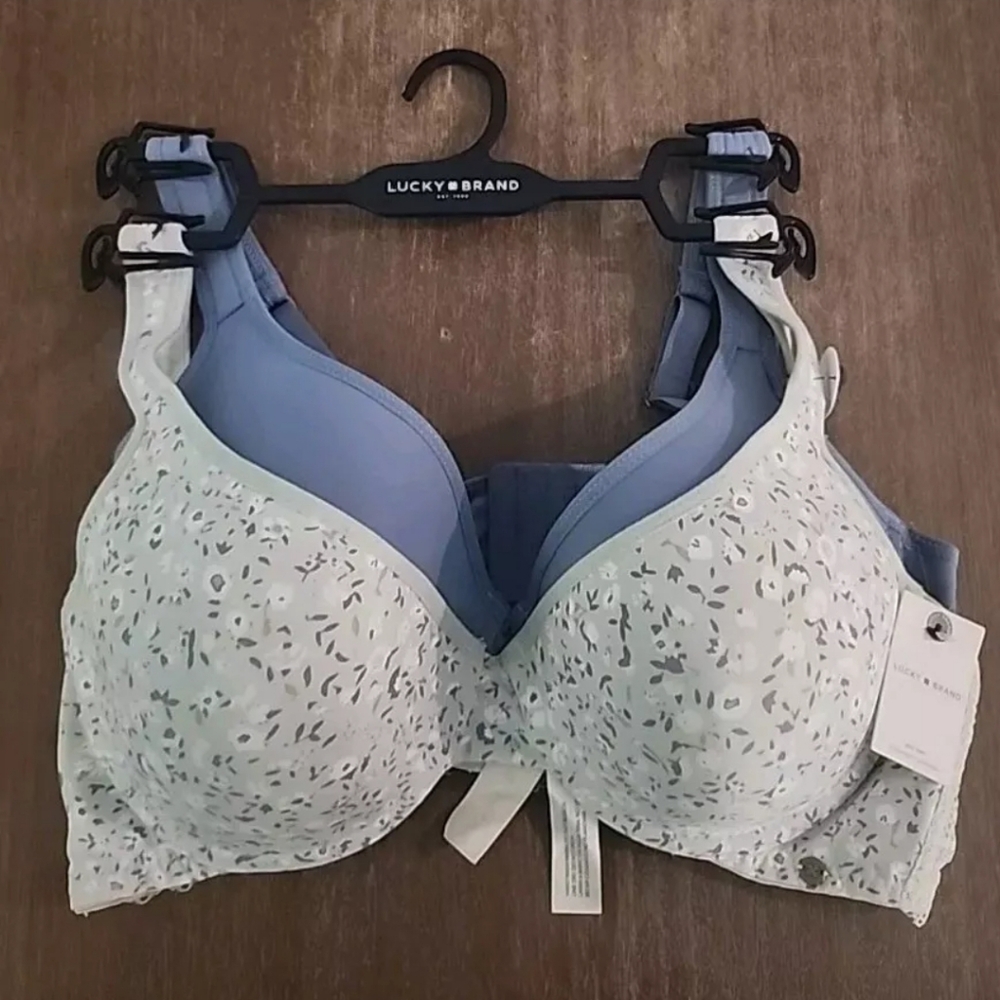 LUCKY BRAND LACE BACK FLORAL GREE SOLID BLUE 2 PACK FULL FIGURE BRA SIZE 40C NWT